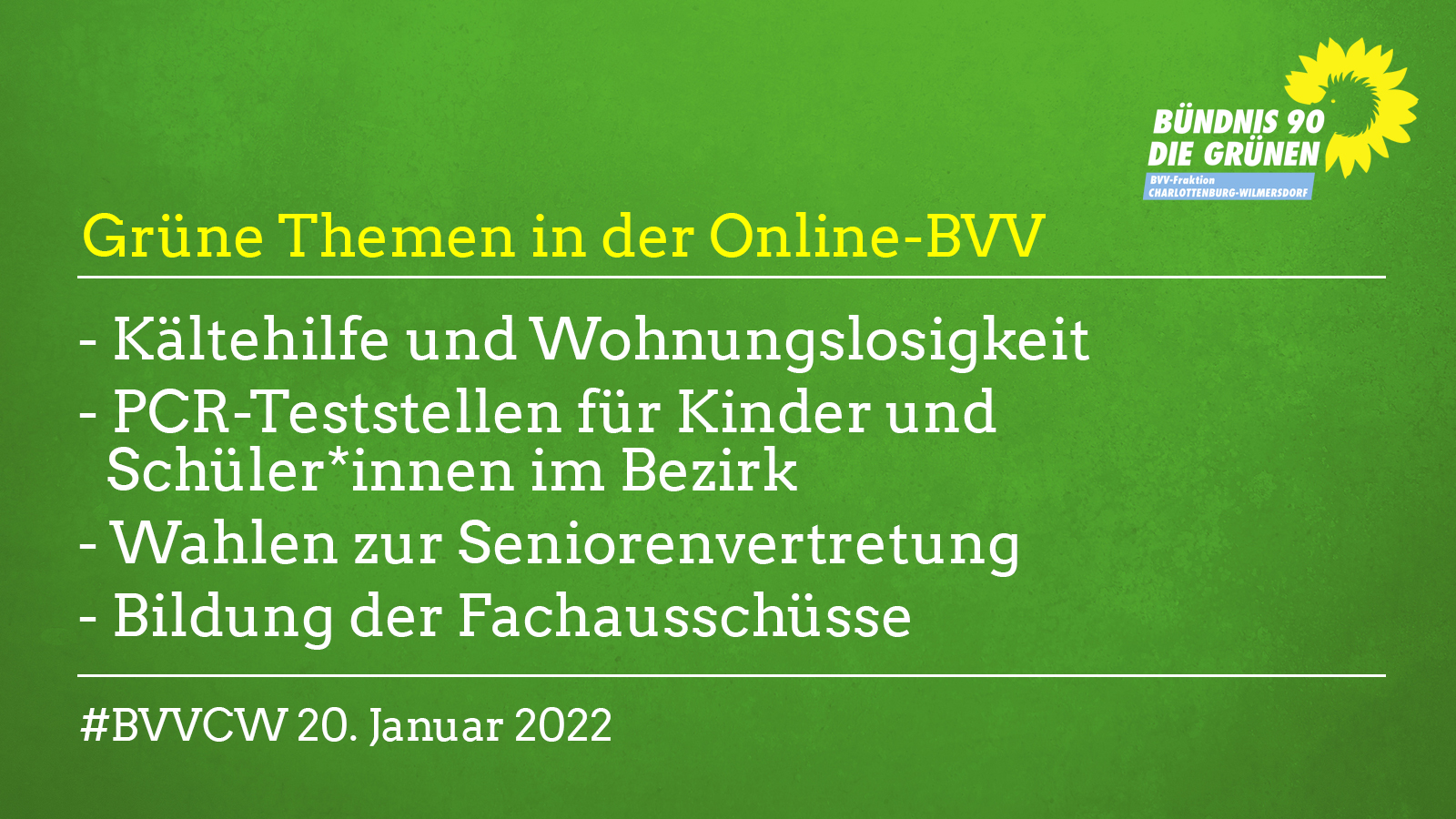 Grüne Themen in der Online-BVV am 20.1.22