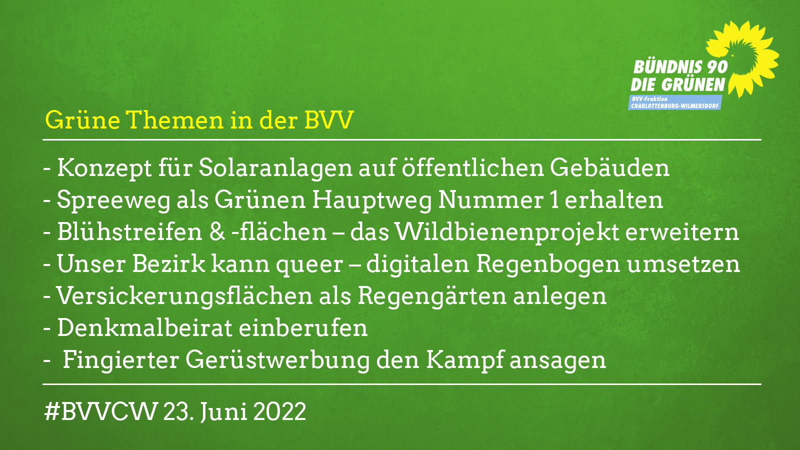 Grüne Themen in der BVV am 23. Juni 2022