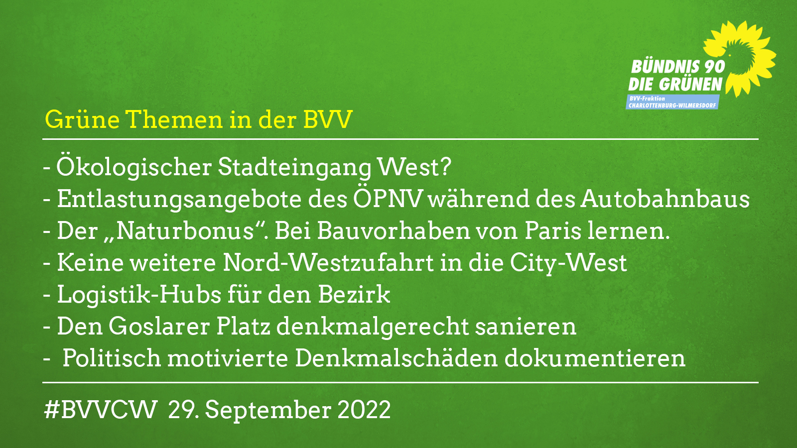 Grüne Themen in der BVV am 29.9.2022