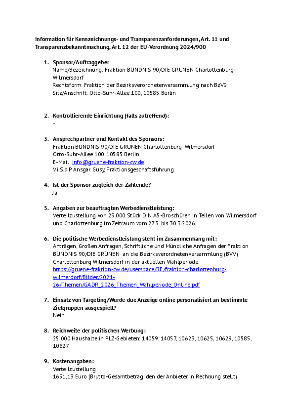 Transparenzkennzeichnung der Verteilung der Broschüren