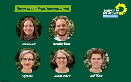 Der neue Fraktionsvorstand der Faktion Bündnis 90/Die Grünen in der BVV Charlottenburg-Wilmersdorf: Anna Melnik, Sebastian Weise, Anja Kraus, Corinna Balkow, Jordi Mühle