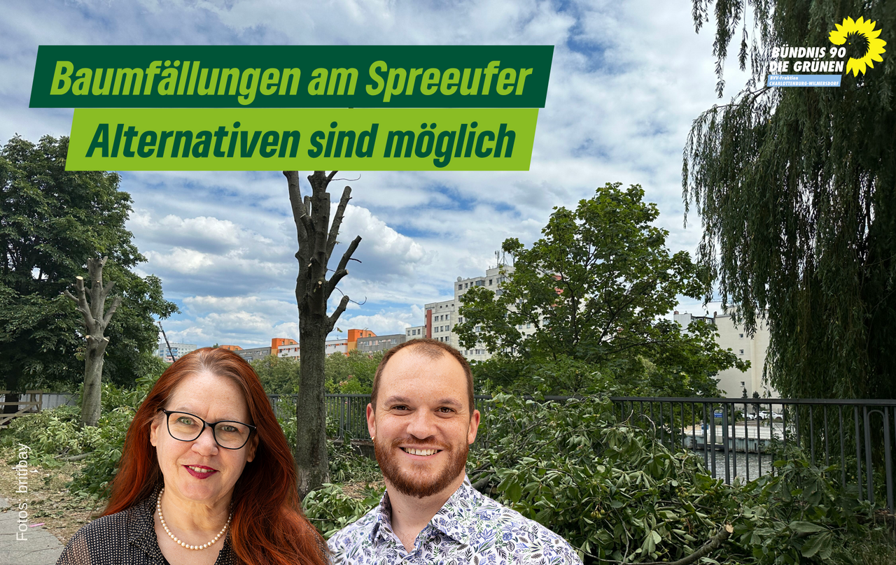 Sibylle Centgraf und Sebastian Weise vor den Bäumen am Spreeufer, die gefällt werden.