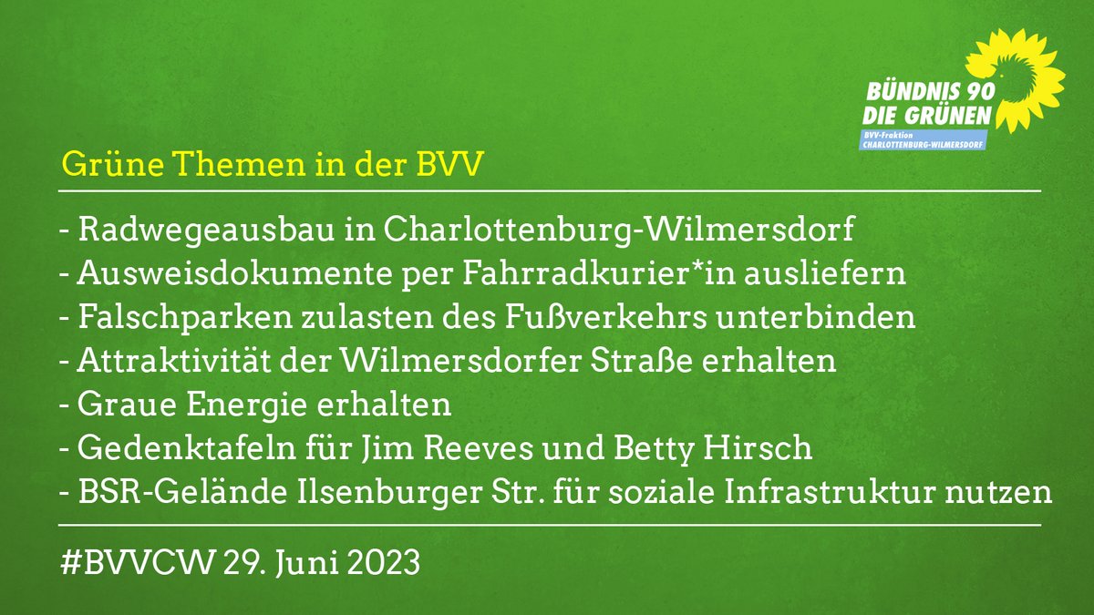 Grüne Themen in der Bezirksverordnetenversammlung Charlottenburg-Wilmersdorf am 29.6.2023