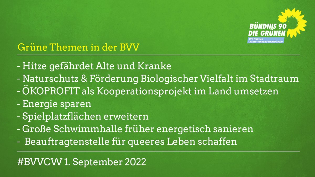 GRüne Themen in der BVV Charlottenburg-Wilmersdorf am 1.9.22