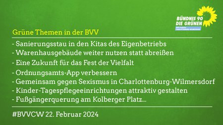 Grüne Themen in der Bezirksverordnetenversammlung Charlottenburg-Wilmersdorf am 22.2.2024