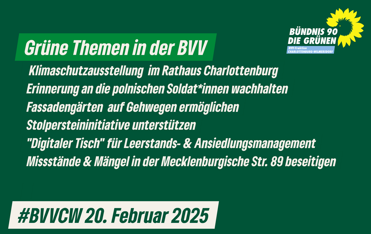 Grüne Themen in der Bezirksverordnetenversammlung Charlottenburg-Wilmersdorf am 20.2.25