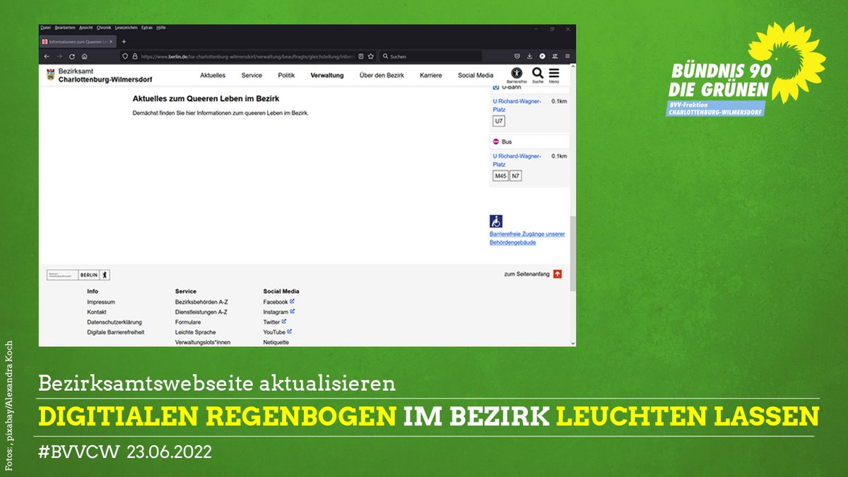Das queere Leben in Charlottenburg-Wilmersdorf ist vielfältig - doch die entsprechende Webseite  des Bezirksamt dazu ist leer. Die Fraktion BÜNDNIS 90/DIE GRÜNEN fordert das Bezirksamt auf, diese Webseite dringend mit Inhalten zu füllen.