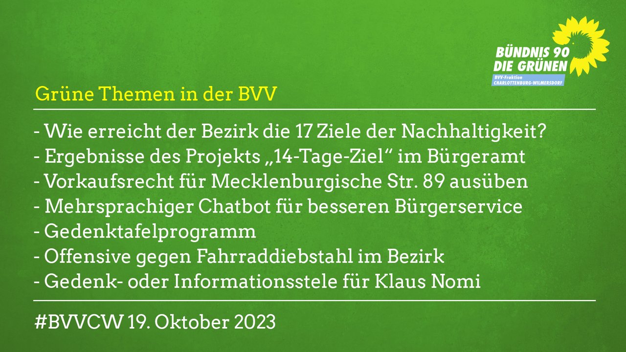Grüne Themen in der BVV Charlottenburg-Wilmersdorf am 19.10.23