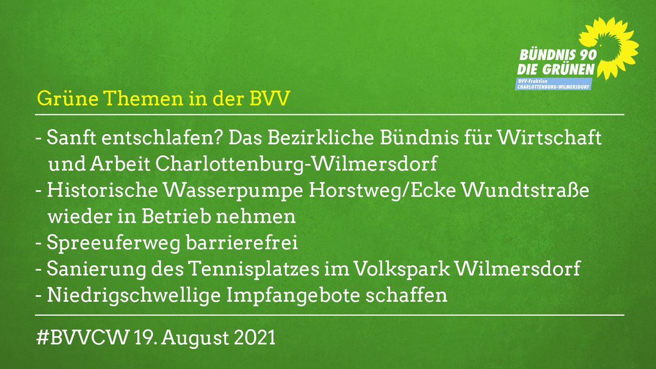 Grüne Themen in der BVV Charlottenburg-Wilmersdorf am 19.8.21
