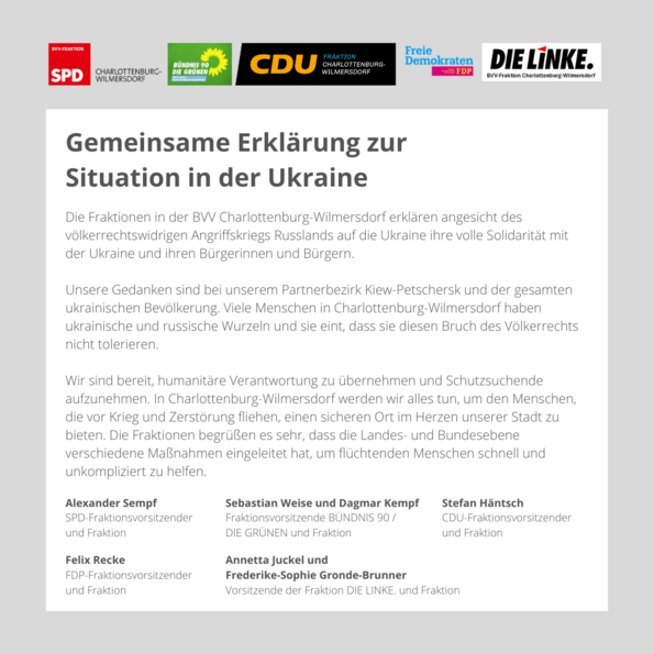 Gemeinsame Erklärung der Fraktionen zum völkerrechtswidrigen Angriff Russlands auf die Ukraine